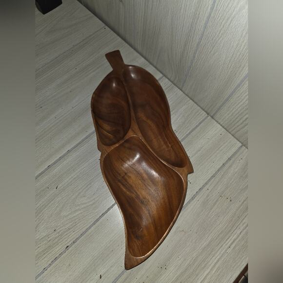 Vtg Hand Crafted Leaf Divided Dish Monkey Pod Wood Serving Tray Leilani 3 Sec. - Picture 5 of 6